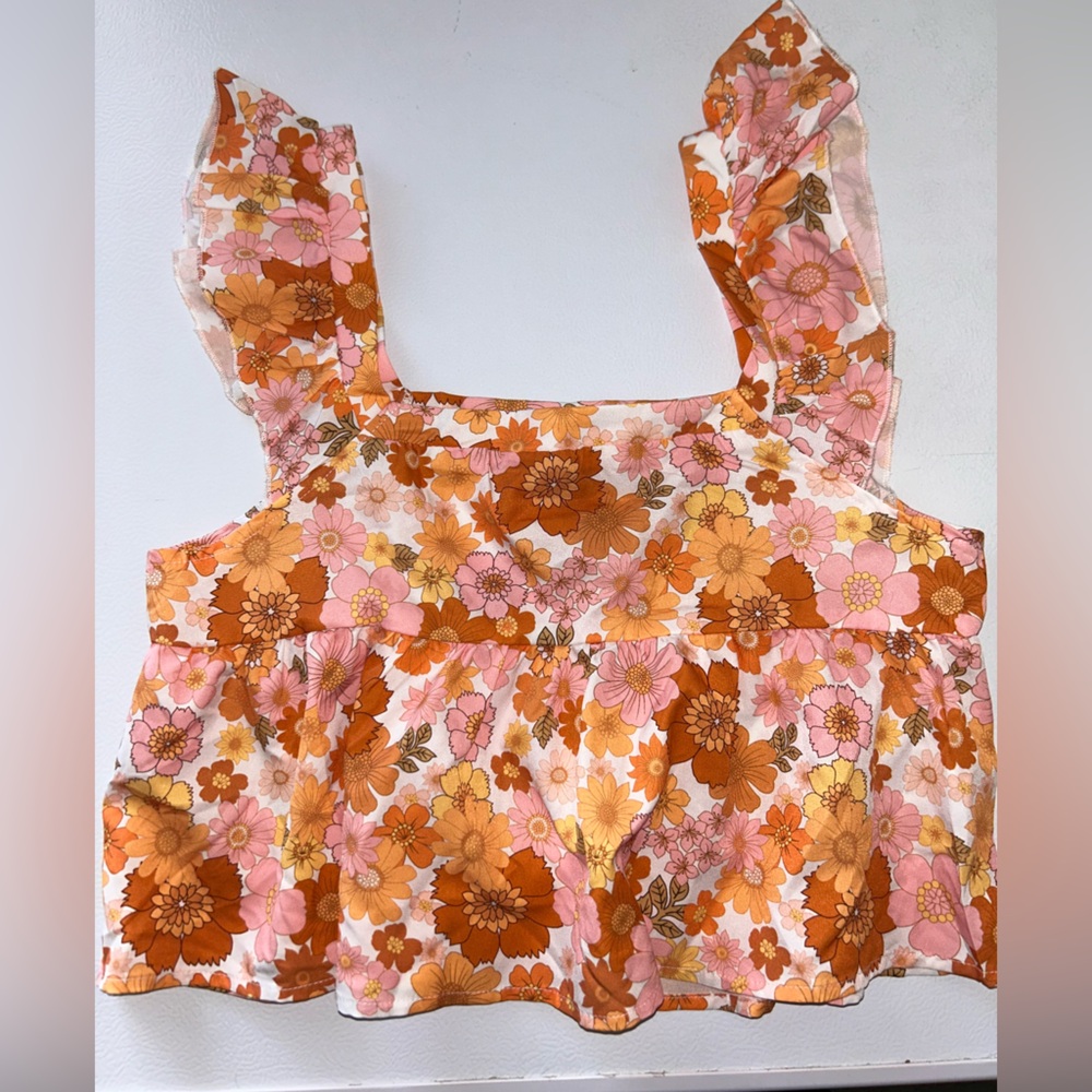 SHEIN Pink & Orange Floral Ruffle Crop Top